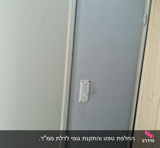 דלת מצופה בציפוי אפור עם ידית לבנה